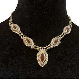 Art Deco Style Necklace Gold Tone Brown Hook Closure 16 Inch Length